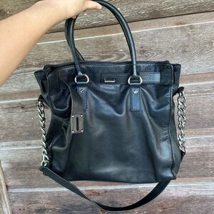 Michael Kors Hamilton Satchel Tote Leather Bag Black with Silver  Chain